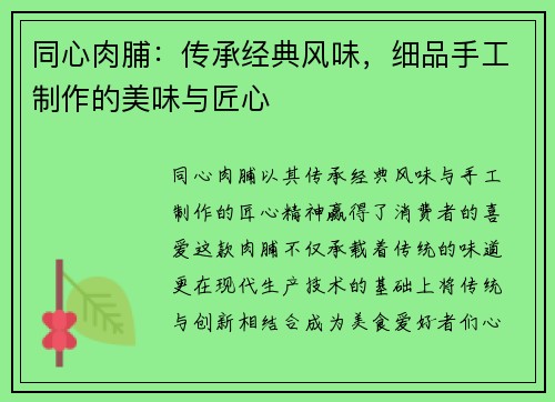 同心肉脯：传承经典风味，细品手工制作的美味与匠心